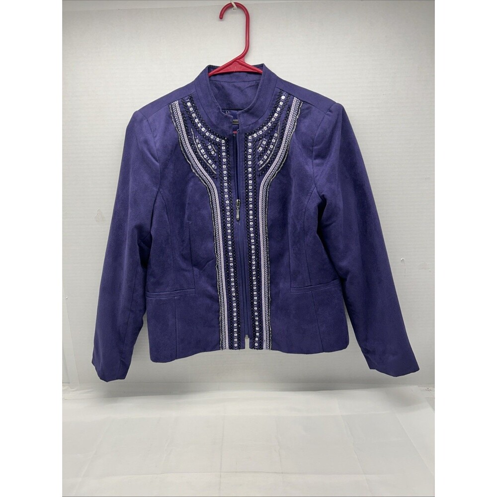 Tanjay Purple Faux Suede Jacket 1990's Sequins Braid Full Zip Size 8 Petite